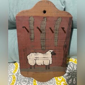 Hand painted Sheep Wall Plaque With Square Head Nails as Hooks Country-core